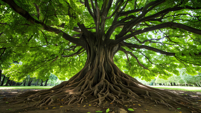 Photo of a large powerful tree with lush green foliage.
