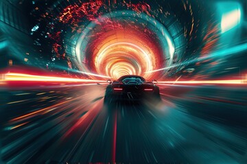 Car emerging from a dark tunnel, the world outside exploding into color and light with motion blur...
