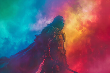 A mystical armor, sensitive to the emotional waves of its bearer, displays a spectrum of colors, a living canvas of courage and fear - obrazy, fototapety, plakaty