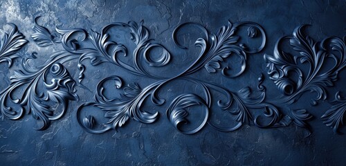 Decorative relief on a textured navy blue stucco wall. Wide-angle shot, abstract patterns. Steel blue background.