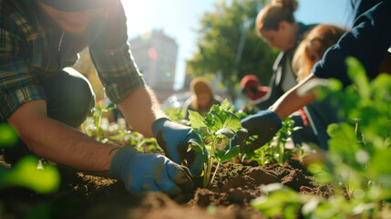 A community project with a group of people planting plants in an urban area.