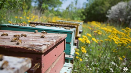 Beekeeping Apiary. Blossoming Hives with Busy Bees
