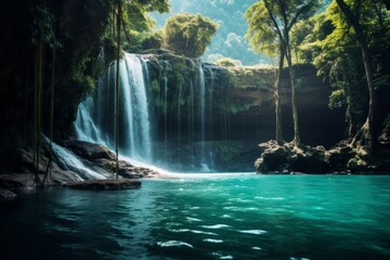 A breathtaking view of a waterfall cascading into a clear blue pool, reminding us of the beauty and necessity of clean water - obrazy, fototapety, plakaty