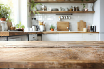 Fototapeta na wymiar Wooden table with blurred modern kitchen background. Empty countertop with copy space