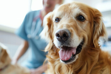 Happy dog in vet clinic with veterinarian doctor in background. Taking care of the pet health