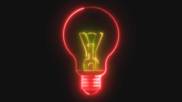 Glowing neon line Light bulb with rays. Rays shine appear and disappear after some time. Animated blue neon symbol on black background. Energy and idea symbol. 4K Video motion graphic animation