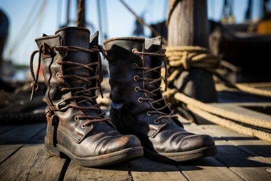 A close up of a pirate's worn leather boots on a wooden ship deck, symbolizing the rugged lifestyle of a seafaring buccaneer