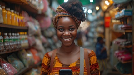 Joyful Market Encounter, radiant young African woman with a colorful headwrap smiles broadly at the camera, her happiness lighting up the bustling market atmosphere - obrazy, fototapety, plakaty