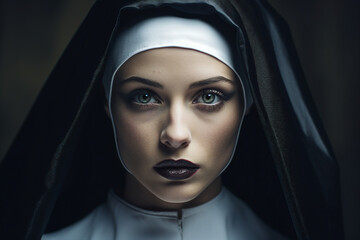 Naklejka premium Mysterious religious person nun priest in church robe serious face expression Generative AI illustration