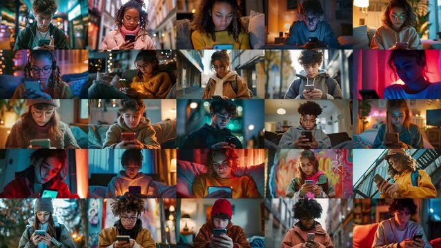 5x5 Collage of a diverse group of Gen-z teenagers consumed by their smartphones in the USA in slow motion