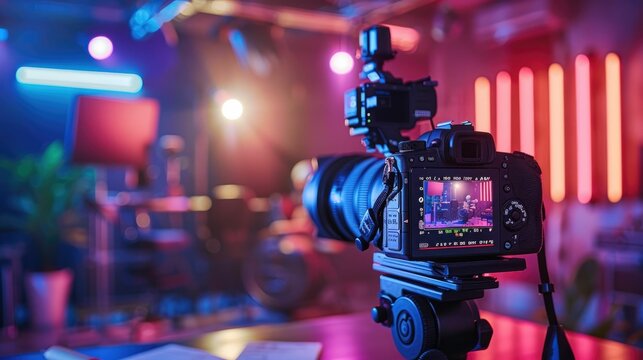 Creative content creation, camera surrounded by soft, inspirational lighting