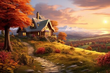 A peaceful scene of a country cottage nestled amidst rolling hills blanketed with golden leaves, epitomizing the charm of autumn living - obrazy, fototapety, plakaty