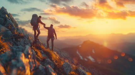 Helping Hand in Mountain Trek, the sun sets, one hiker extends a helping hand to another, aiding them up a rocky mountain path, exemplifying teamwork and the spirit of adventure