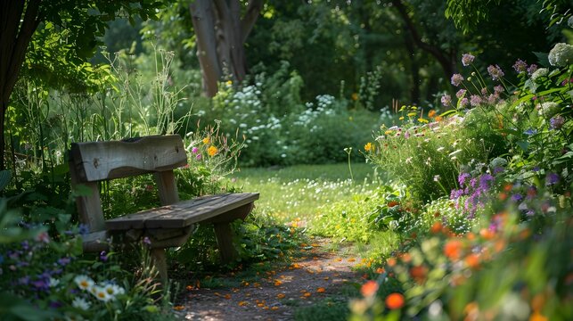 A serene garden path leading to a wooden bench embraced by lush flowers and greenery in a peaceful botanical setting.