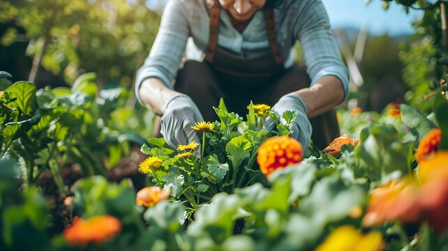 A gardener's hand carefully tends to a colorful flowerbed bathed in sunlight, surrounded by a variety of blooming flowers.