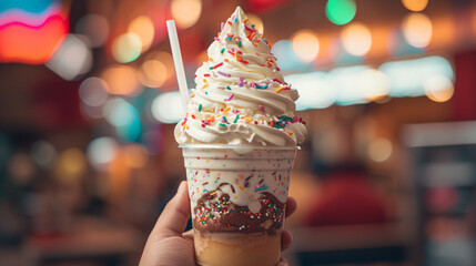 A  photograph of a hand holding a giant, delicious-looking milkshake topped with whipped cream and sprinkles.