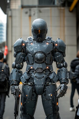 Futuristic police robot in urban setting, showcasing advanced technology and security concept