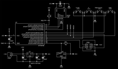 Schematic diagram of electronic device.
Vector drawing electrical circuit with 
thermal sensor, microcontroller, integrated circuit, button, 
resistor, capacitor
on  background of paper sheet.