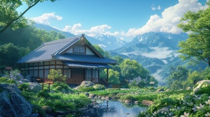 Fototapeta na wymiar Idyllic Japanese Village Scenery, serene depiction of a traditional Japanese village house surrounded by lush greenery, mountains in the background, and a tranquil pond reflecting the scenic beauty