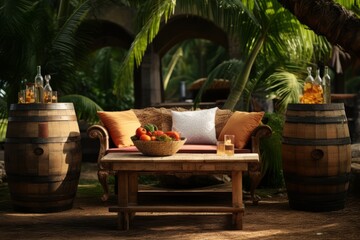A rustic outdoor setting with a wooden barrel and glasses of rum punch, evoking the charm of traditional libations