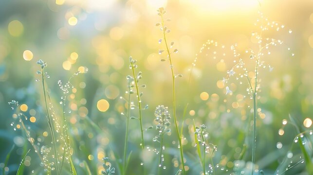 The lush green of spring grass jeweled with morning dew, sparkling under a rising sun with a bokeh light effect.