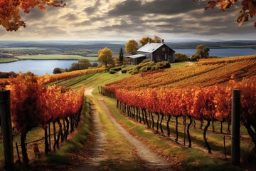 A serene view of a countryside vineyard draped in vines displaying autumn foliage