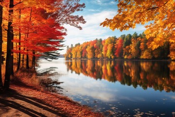 A serene view of a peaceful lake surrounded by colorful trees