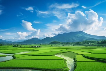 Fototapeta premium A serene view of lush green paddy fields stretching into the horizon