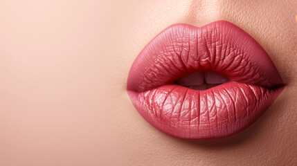 Beautiful female lips close-up on a light beige background. AI generation.