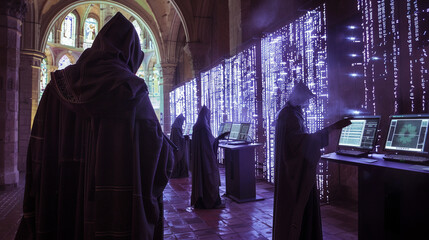 In a monastery where ancient walls meet neon lights, medieval cyber monks dedicate themselves to preserving digital manuscripts, a fusion of tradition and future - obrazy, fototapety, plakaty