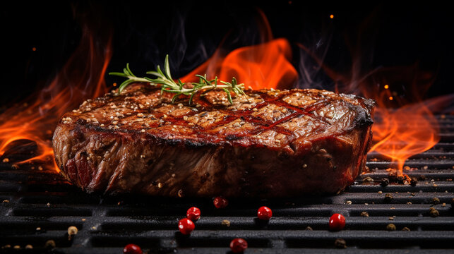 A  photograph of a juicy, perfectly grilled steak on a deep black background, highlighting its mouthwatering texture.