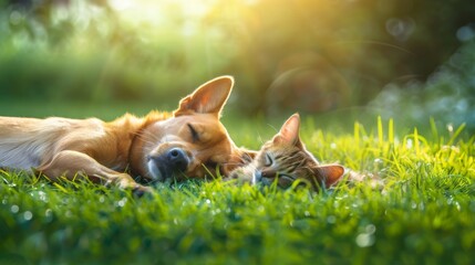 Dog and a cat together in the grass