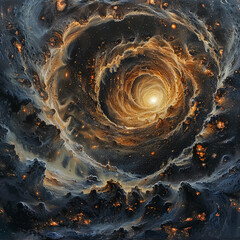 A painting of a spiral galaxy with a bright yellow sun in the center. The painting is full of stars...