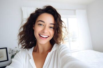 Young brunette woman in a white blouse smiling and taking a selfie while making a funny face at home