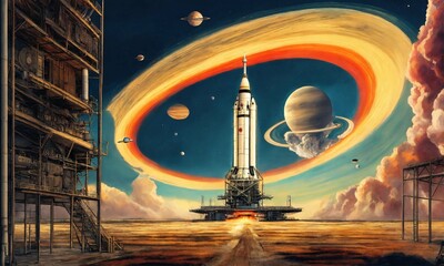 Saturn v lift off, surrealism,