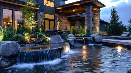 Outdoor home modern water feature fountain waterfall - obrazy, fototapety, plakaty
