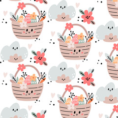 Cute cloud and basket with eggs seamless pattern. Creative nursery background. Perfect for kids design, fabric, wrapping, wallpaper, textile, apparel. Vector cartoon illustration.