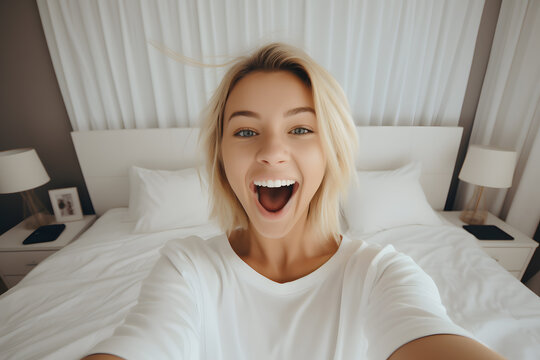 Young blonde woman in a white  blouse smiling and taking a selfie while making a funny face at home
