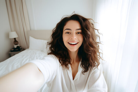 Young brunette woman in a white blouse smiling and taking a selfie while making a funny face at home