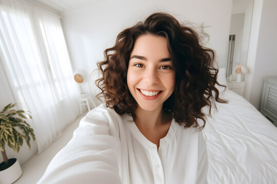 Young brunette woman in a white blouse smiling and taking a selfie while making a funny face at home
