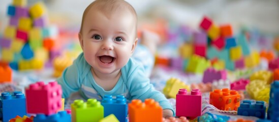 Fototapeta na wymiar Portrait of a happy baby child among colorful Lego cubes on a bright background in living room