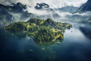 Deurstickers Aerial view of a serene lake reflecting the surrounding mountains © KerXing