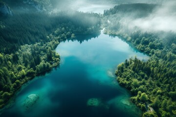 Aerial view of a serene blue lake surrounded by dense forests