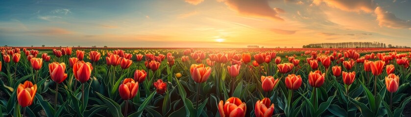 Panoramic landscape of blooming tulips field illuminated in spring by the sun