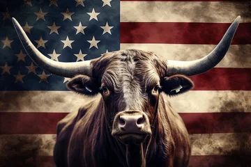 Tuinposter A large bull against the background of the American flag as a symbol of the state of Texas. Revolution or bullfight concept © Sunny