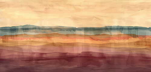 Digital watercolor portrayal of a desert scene with rich burgundy sands against a gentle amber dusk sky