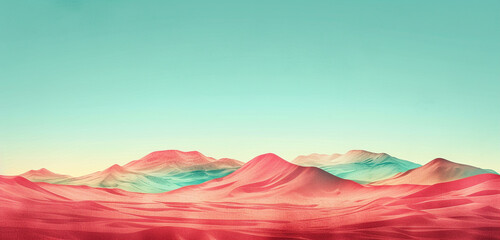 Digital watercolor painting of a desert scene with vibrant burgundy sands under a tranquil aqua...