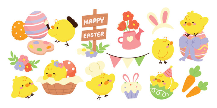 Set of cute easter chicks vector. Happy Easter animal element with yellow chicks in paint easter egg, rabbit, basket, flower. Chicken character illustration design for clipart, sticker, decor, card.