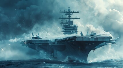 Military aircraft carrier ship with fighter jets taking off during a special operation at a warzone - obrazy, fototapety, plakaty