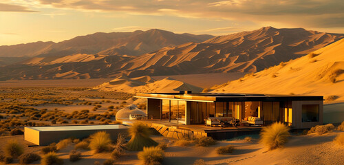A large, flat-roofed desert home, nestled among towering sand dunes, as the setting sun turns the sky into a canvas of gold and amber, reflecting the silence and majesty of the desert - Powered by Adobe